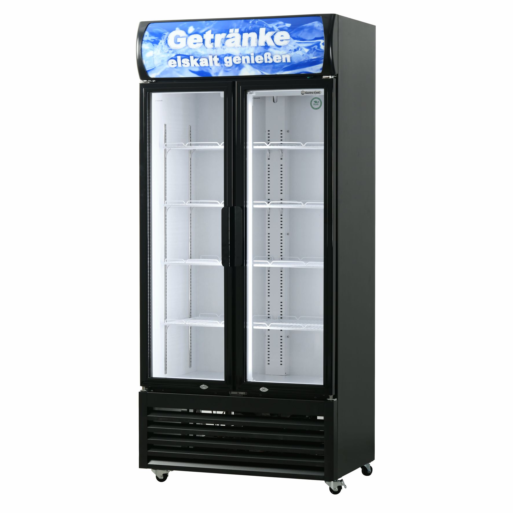 Large Beverage Refrigerator for Supermarkets - With Two Doors, 4 Wheels, LED, Advertisement Display - GCDC600